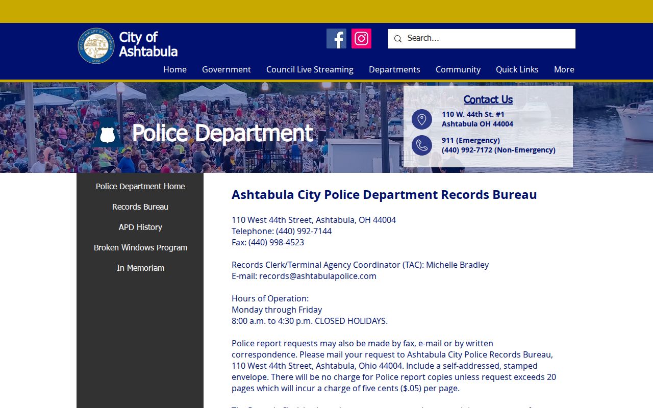 Ashtabula Police Records Bureau route for city arrest records