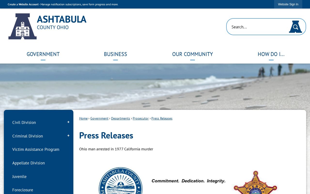 Official Ashtabula County press releases interface without booking photos